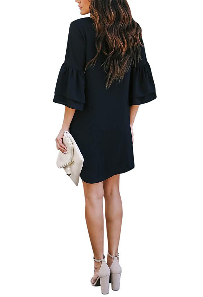 BELONGSCI Women's Dress Sweet & Cute V-Neck Bell Sleeve Shift Dress Mini Dress