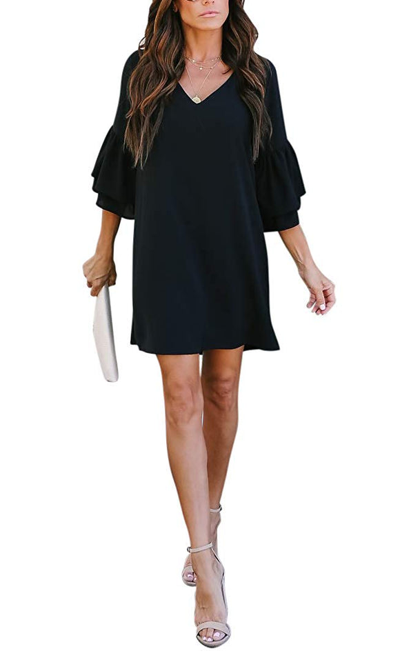 BELONGSCI Women's Dress Sweet & Cute V-Neck Bell Sleeve Shift Dress Mini Dress