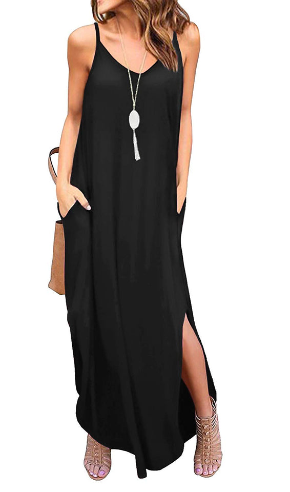 GRECERELLE Women's Summer Casual Loose Dress Beach Cover Up Long Cami Maxi Dresses with Pocket