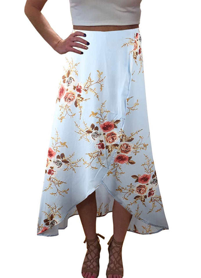 Yonala Womens Boho Floral Tie Up Waist Summer Beach Wrap Cover Up Maxi Skirt