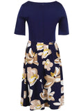 oxiuly Women's Vintage Patchwork Pockets Puffy Swing Casual Party Dress OX165