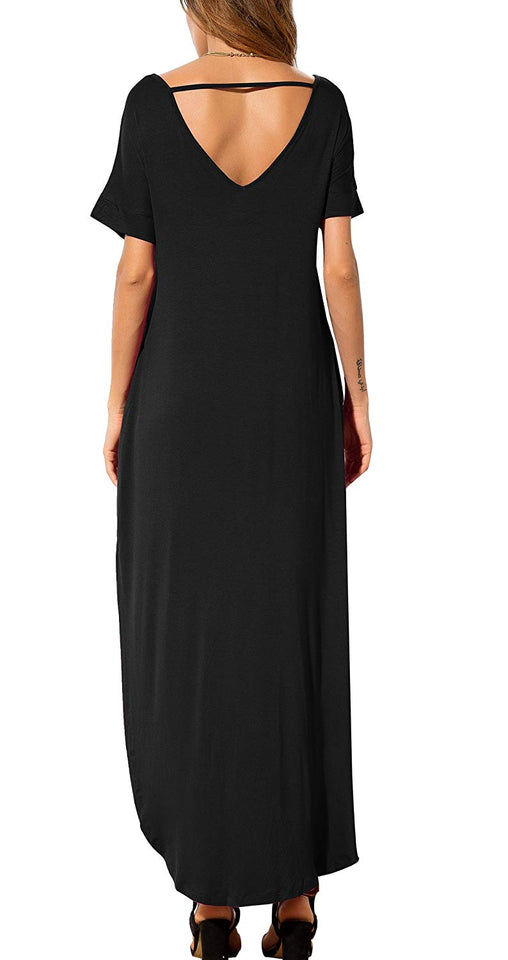 GRECERELLE Women's Casual Loose Pocket Long Dress Short Sleeve Split Maxi Dresses