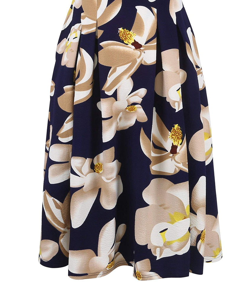 oxiuly Women's Vintage Patchwork Pockets Puffy Swing Casual Party Dress OX165