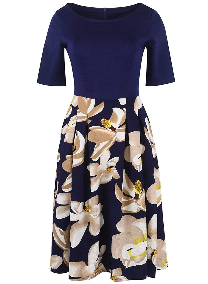 oxiuly Women's Vintage Patchwork Pockets Puffy Swing Casual Party Dress OX165