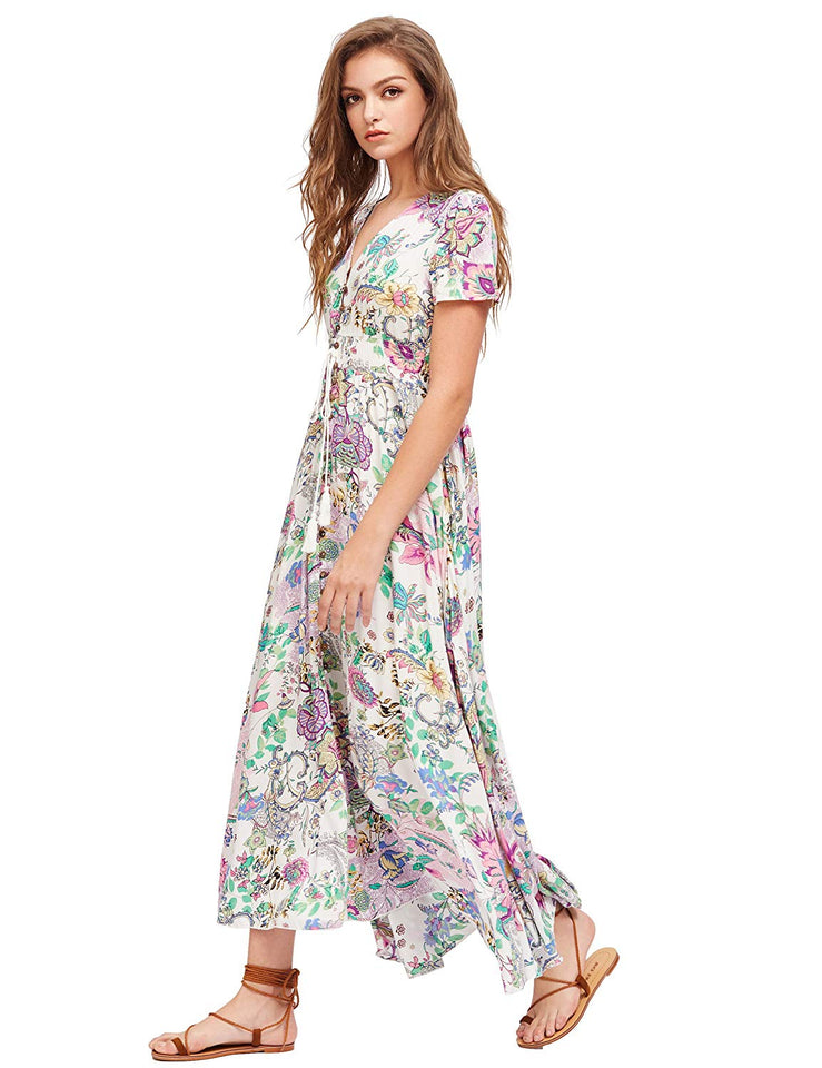 Milumia Women Floral Print Button Up Split Flowy Party Maxi Dress