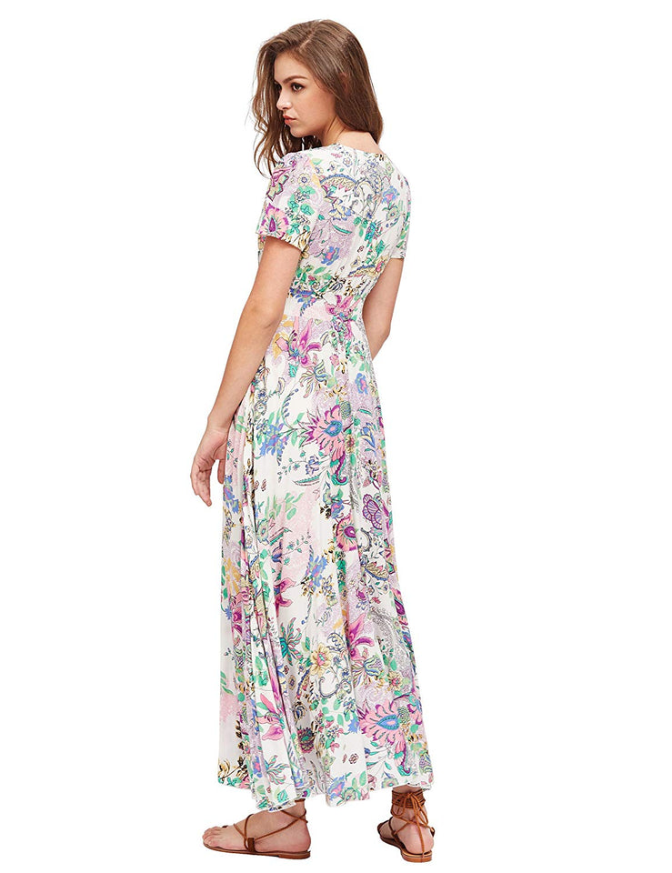 Milumia Women Floral Print Button Up Split Flowy Party Maxi Dress